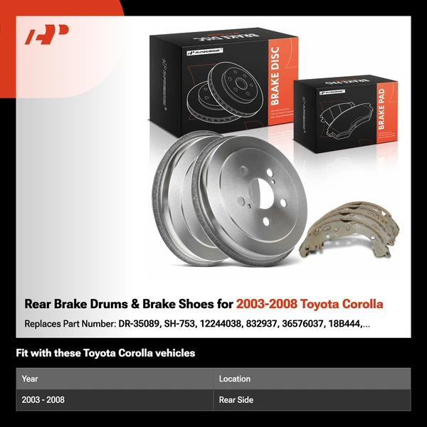 Rear Brake Drums & Brake Shoes for 2003-2008 Toyota Corolla