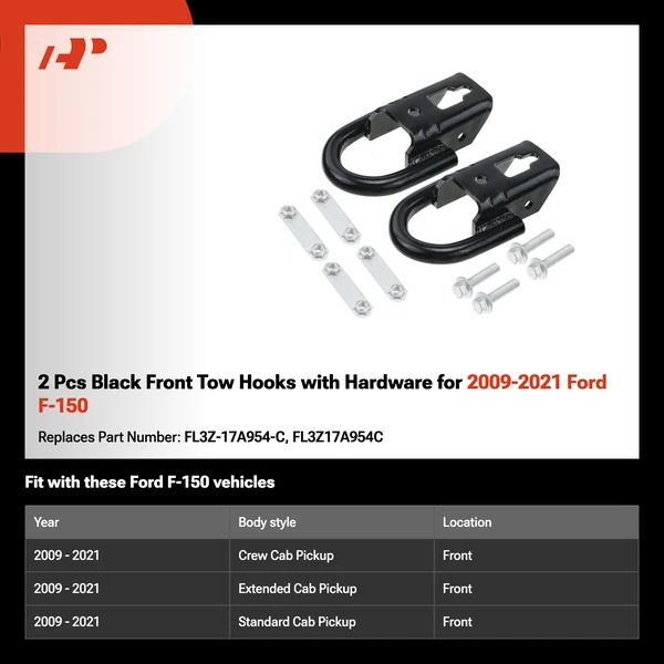 2 Pcs Black Front Tow Hooks with Hardware for 2009-2021 Ford F-150