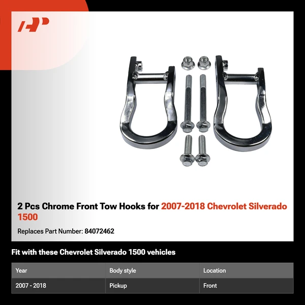 2 Pcs Chrome Front Tow Hooks for 2007-2018 Chevrolet Silverado 1500
