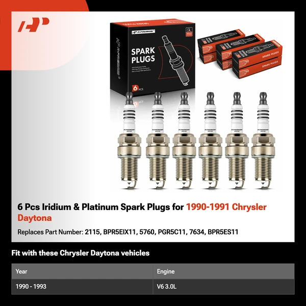 6 Pcs Iridium & Platinum Spark Plugs for 1990-1991 Chrysler Daytona