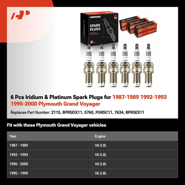 6 Pcs Iridium & Platinum Spark Plugs for 1987-1989 1992-1993 1995-2000 Plymouth Grand Voyager