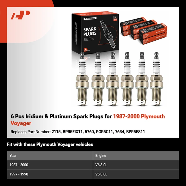 6 Pcs Iridium & Platinum Spark Plugs for 1987-2000 Plymouth Voyager