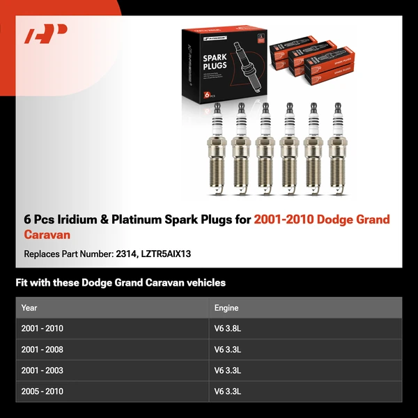 6 Pcs Iridium & Platinum Spark Plugs for 2001-2010 Dodge Grand Caravan