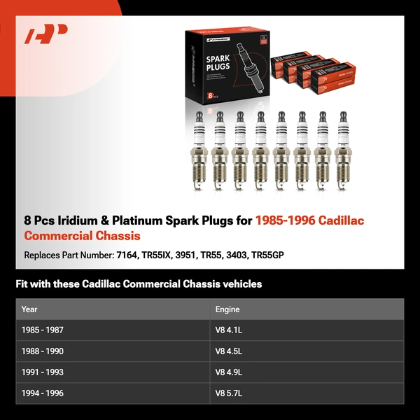 8 Pcs Iridium & Platinum Spark Plugs for 1985-1996 Cadillac Commercial Chassis