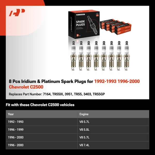8 Pcs Iridium & Platinum Spark Plugs for 1992-1993 1996-2000 Chevrolet C2500