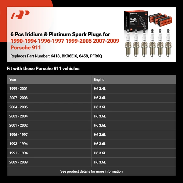 6 Pcs Iridium & Platinum Spark Plugs for 1990-1994 1996-1997 1999-2005 2007-2009 Porsche 911