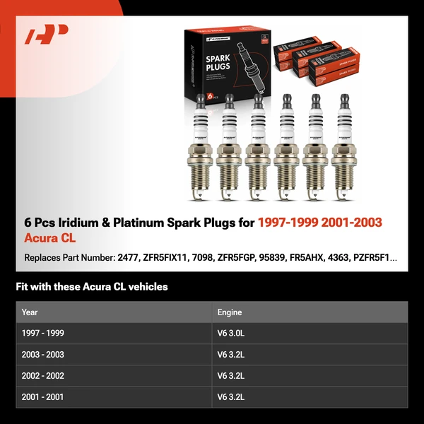 6 Pcs Iridium & Platinum Spark Plugs for 1997-1999 2001-2003 Acura CL