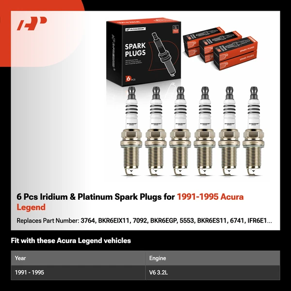 6 Pcs Iridium & Platinum Spark Plugs for 1991-1995 Acura Legend
