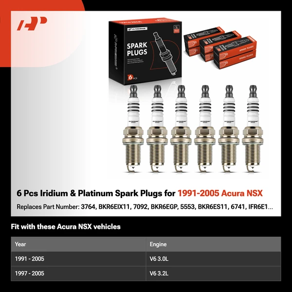 6 Pcs Iridium & Platinum Spark Plugs for 1991-2005 Acura NSX