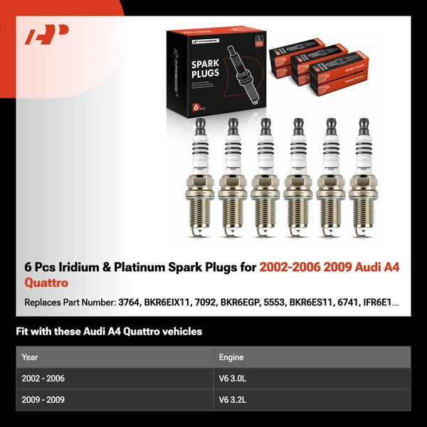 6 Pcs Iridium & Platinum Spark Plugs for 2002-2006 2009 Audi A4 Quattro
