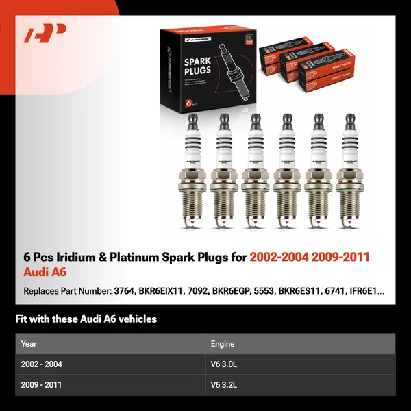 6 Pcs Iridium & Platinum Spark Plugs for 2002-2004 2009-2011 Audi A6