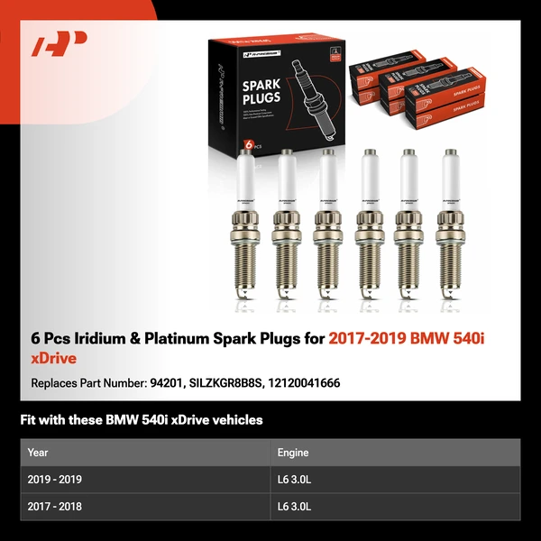 6 Pcs Iridium & Platinum Spark Plugs for 2017-2019 BMW 540i xDrive