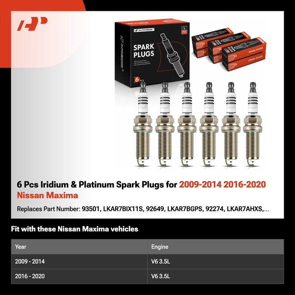 6 Pcs Iridium & Platinum Spark Plugs for 2009-2014 2016-2020 Nissan Maxima