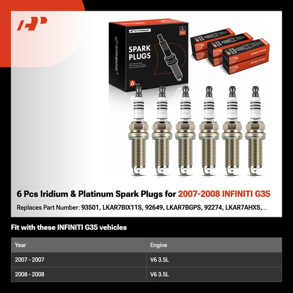 6 Pcs Iridium & Platinum Spark Plugs for 2007-2008 INFINITI G35