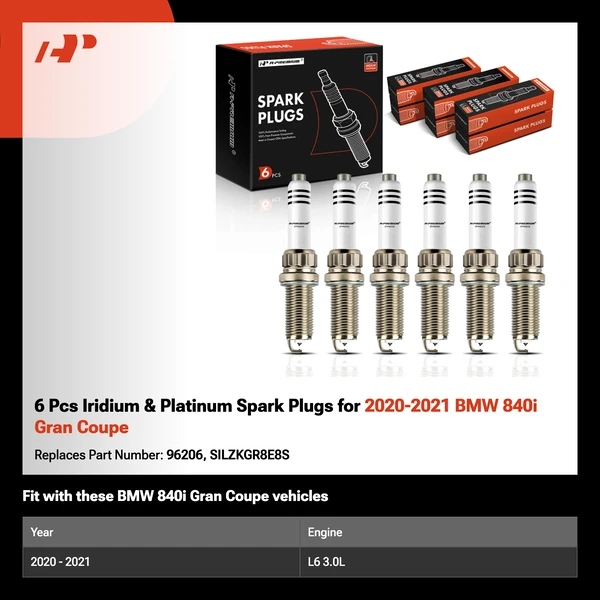6 Pcs Iridium & Platinum Spark Plugs for 2020-2021 BMW 840i Gran Coupe