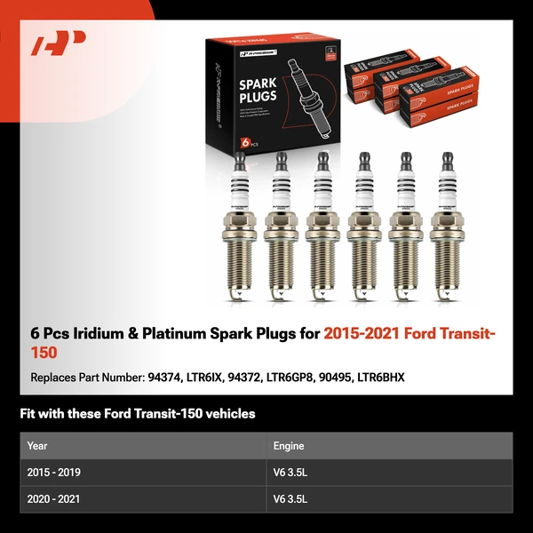 6 Pcs Iridium & Platinum Spark Plugs for 2015-2021 Ford Transit-150
