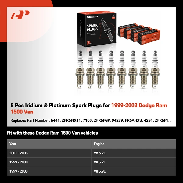 8 Pcs Iridium & Platinum Spark Plugs for 1999-2003 Dodge Ram 1500 Van