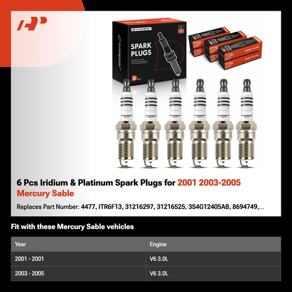 6 Pcs Iridium & Platinum Spark Plugs for 2001 2003-2005 Mercury Sable