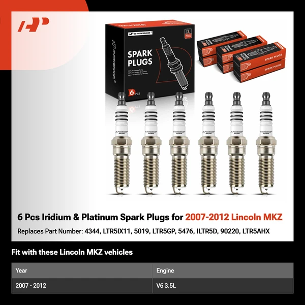 6 Pcs Iridium & Platinum Spark Plugs for 2007-2012 Lincoln MKZ