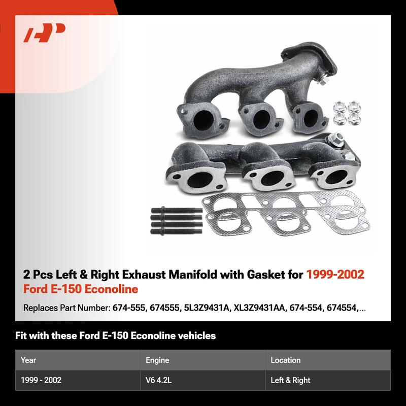 2 Pcs Left & Right Exhaust Manifold with Gasket for 1999-2002 Ford E-150 Econoline