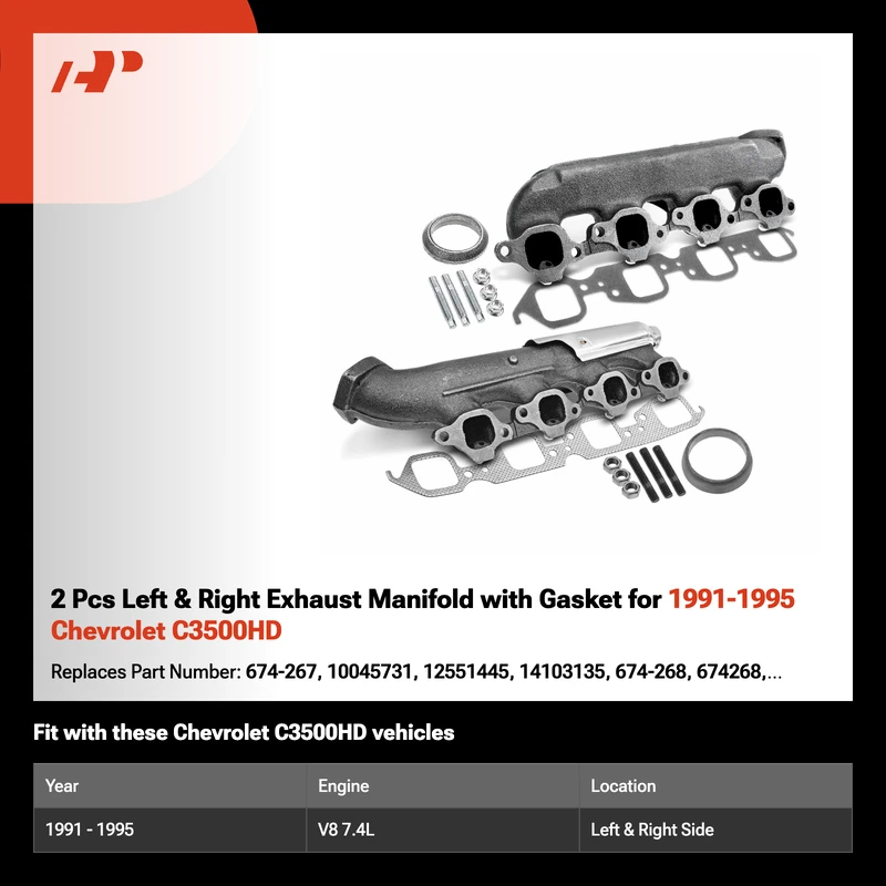 2 Pcs Left & Right Exhaust Manifold with Gasket for 1991-1995 Chevrolet C3500HD