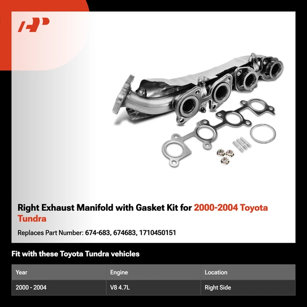 Right Exhaust Manifold with Gasket Kit for 2000-2004 Toyota Tundra