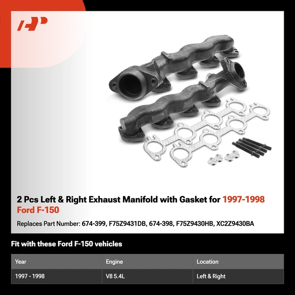 2 Pcs Left & Right Exhaust Manifold with Gasket for 1997-1998 Ford F-150