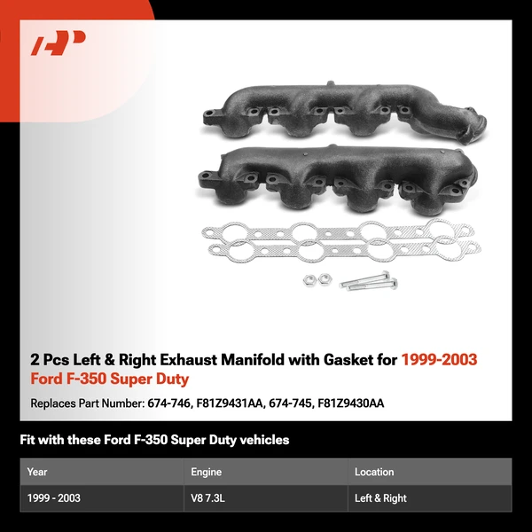 2 Pcs Left & Right Exhaust Manifold with Gasket for 1999-2003 Ford F-350 Super Duty