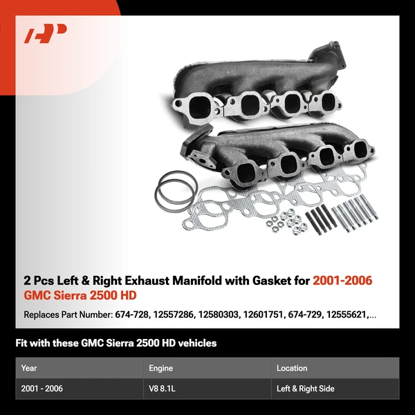 2 Pcs Left & Right Exhaust Manifold with Gasket for 2001-2006 GMC Sierra 2500 HD
