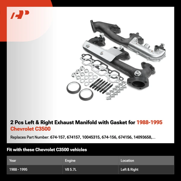 2 Pcs Left & Right Exhaust Manifold with Gasket for 1988-1995 Chevrolet C3500