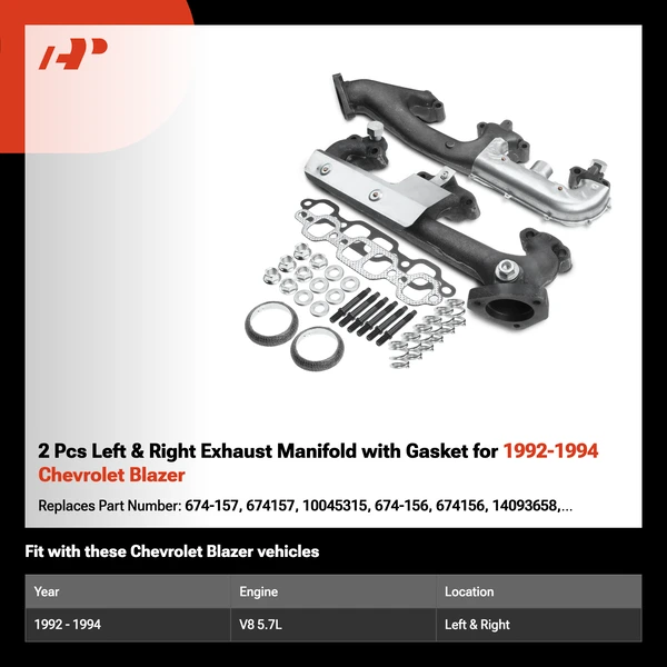 2 Pcs Left & Right Exhaust Manifold with Gasket for 1992-1994 Chevrolet Blazer