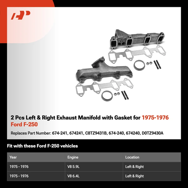 2 Pcs Left & Right Exhaust Manifold with Gasket for 1975-1976 Ford F-250