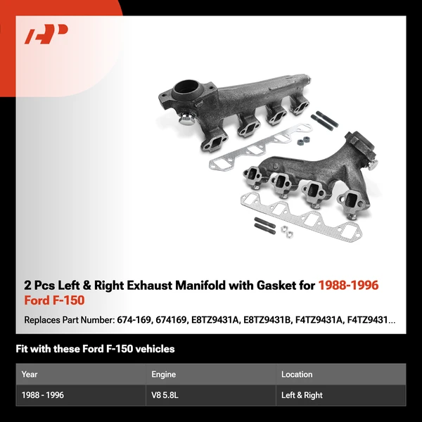 2 Pcs Left & Right Exhaust Manifold with Gasket for 1988-1996 Ford F-150