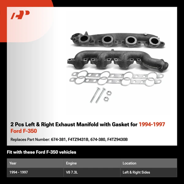 2 Pcs Left & Right Exhaust Manifold with Gasket for 1994-1997 Ford F-350