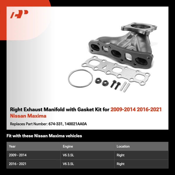 Right Exhaust Manifold with Gasket Kit for 2009-2014 2016-2021 Nissan Maxima
