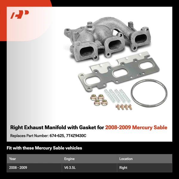 Right Exhaust Manifold with Gasket for 2008-2009 Mercury Sable