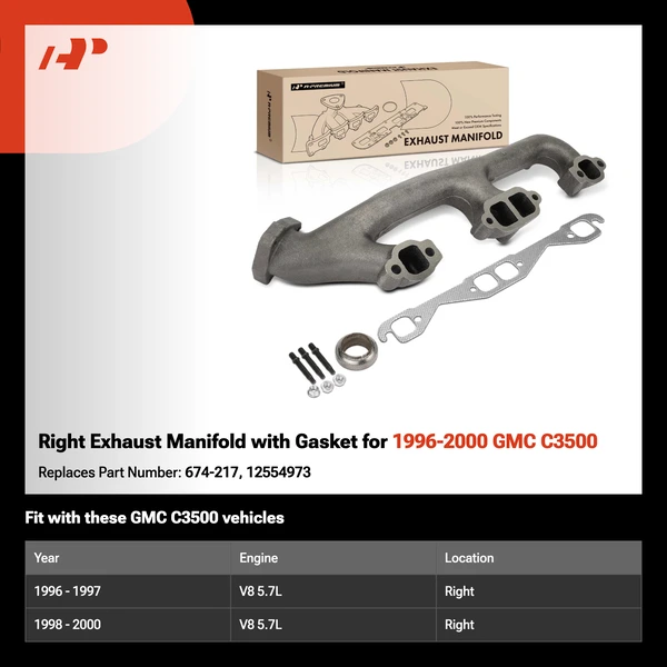 Right Exhaust Manifold with Gasket for 1996-2000 GMC C3500