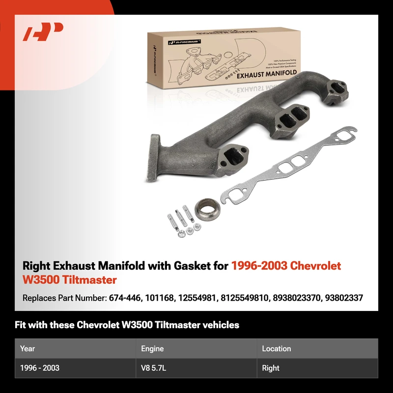 Right Exhaust Manifold with Gasket for 1996-2003 Chevrolet W3500 Tiltmaster