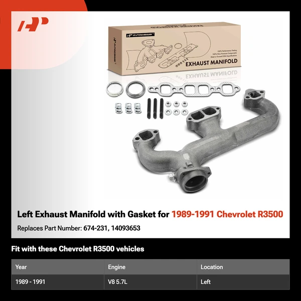 Left Exhaust Manifold with Gasket for 1989-1991 Chevrolet R3500
