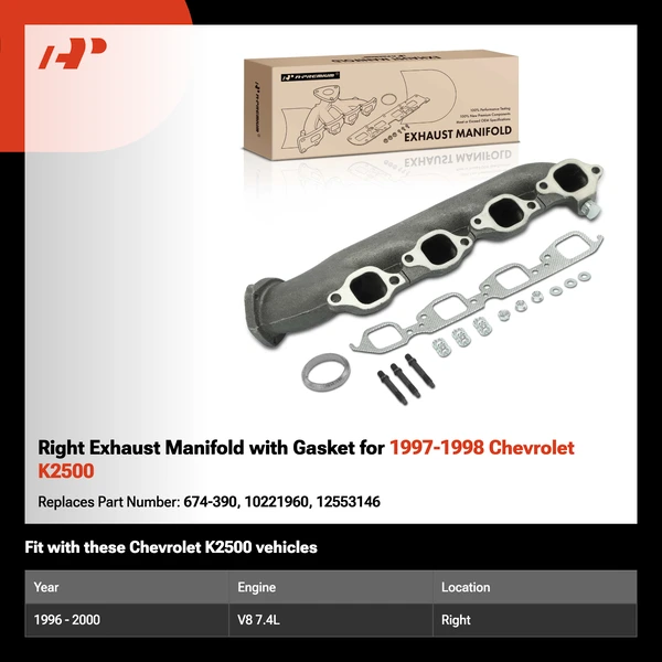 Right Exhaust Manifold with Gasket for 1997-1998 Chevrolet K2500