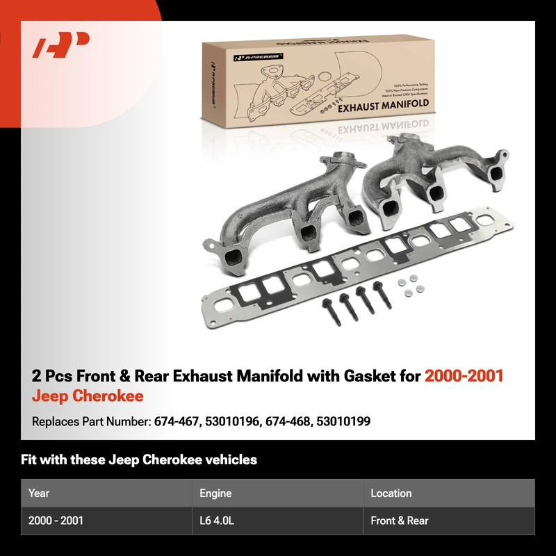 2 Pcs Front & Rear Exhaust Manifold with Gasket for 2000-2001 Jeep Cherokee