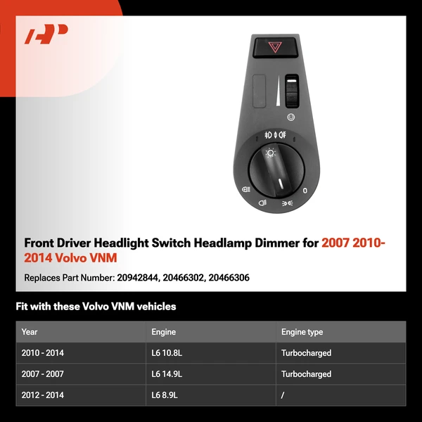 Front Driver Headlight Switch Headlamp Dimmer for 2007 2010-2014 Volvo VNM