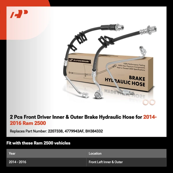2 Pcs Front Driver Inner & Outer Brake Hydraulic Hose for 2014-2016 Ram 2500