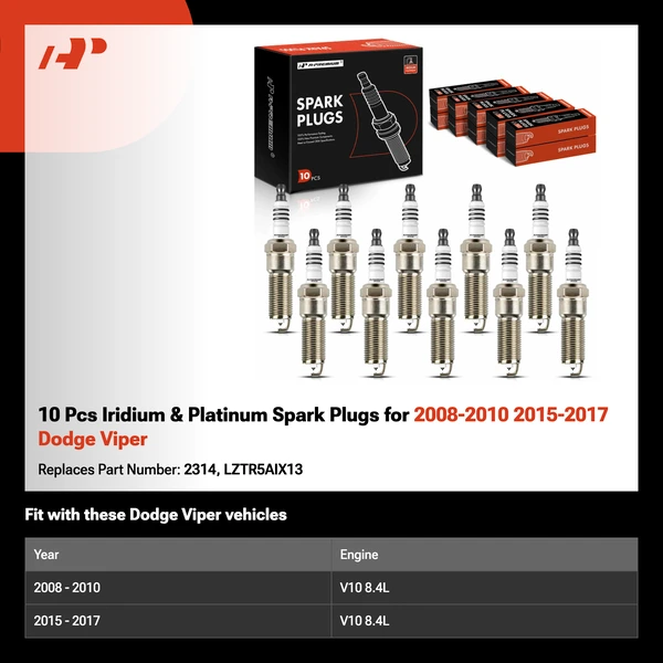 10 Pcs Iridium & Platinum Spark Plugs for 2008-2010 2015-2017 Dodge Viper