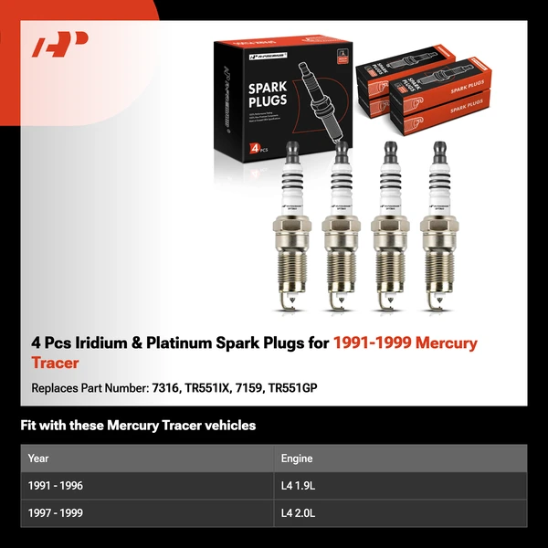4 Pcs Iridium & Platinum Spark Plugs for 1991-1999 Mercury Tracer