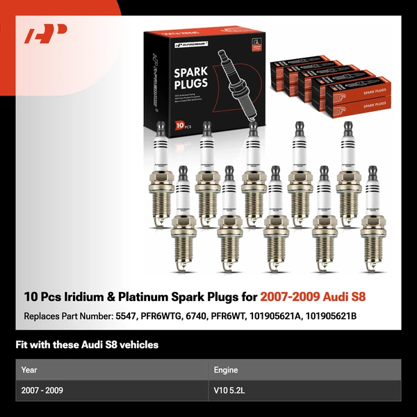 10 Pcs Iridium & Platinum Spark Plugs for 2007-2009 Audi S8