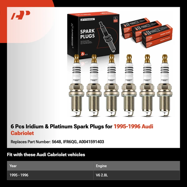 6 Pcs Iridium & Platinum Spark Plugs for 1995-1996 Audi Cabriolet