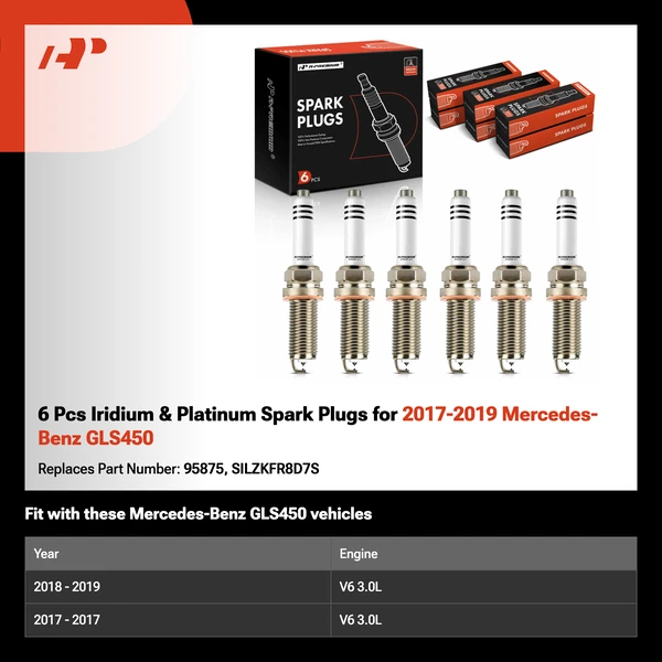 6 Pcs Iridium & Platinum Spark Plugs for 2017-2019 Mercedes-Benz GLS450