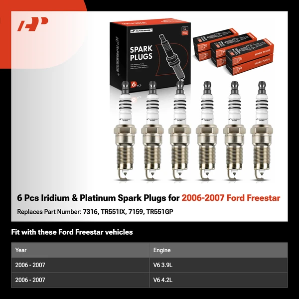 6 Pcs Iridium & Platinum Spark Plugs for 2006-2007 Ford Freestar