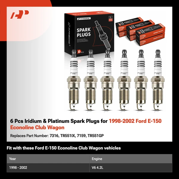 6 Pcs Iridium & Platinum Spark Plugs for 1998-2002 Ford E-150 Econoline Club Wagon
